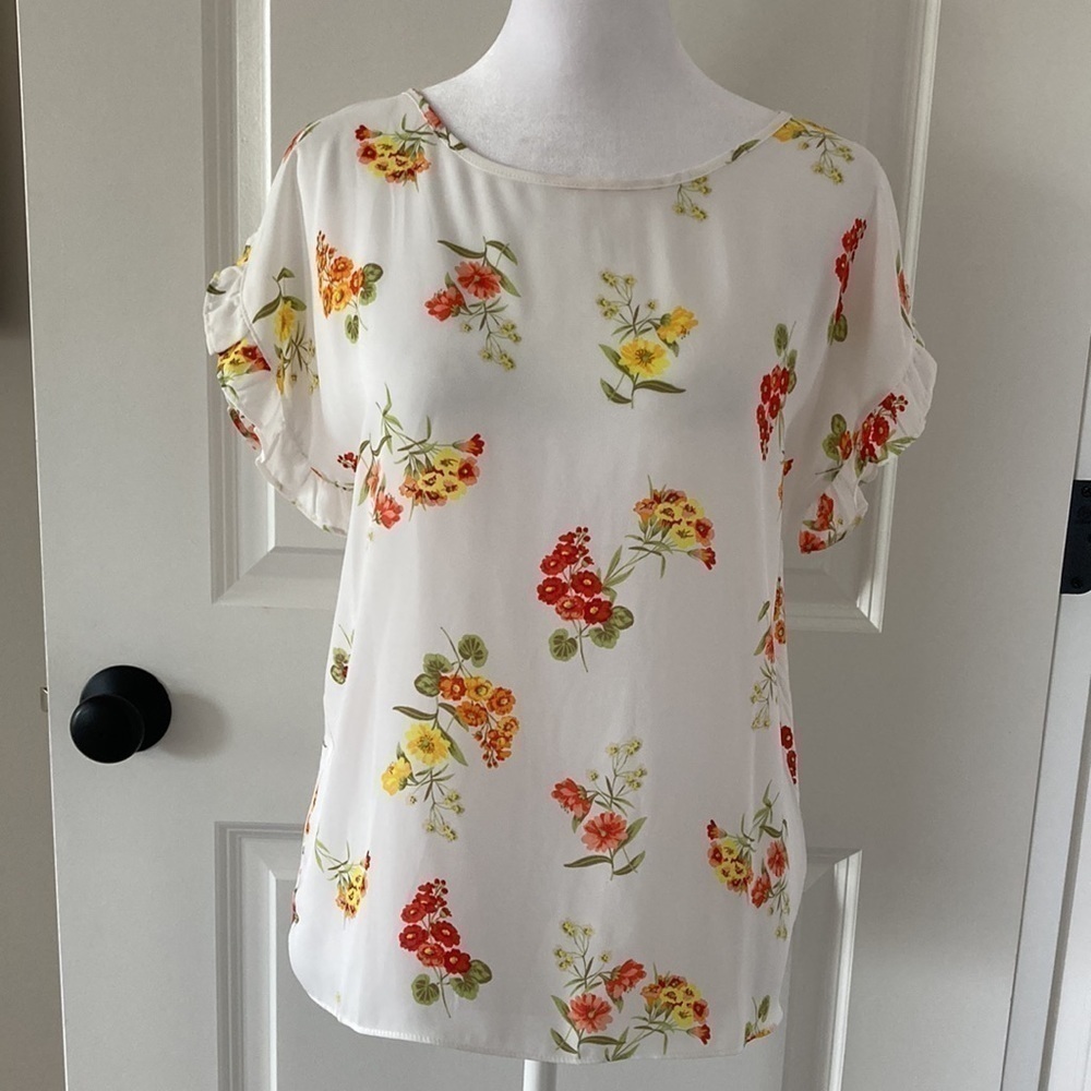 LOFT Small petite top floral white orange yellow ruffle short sleeves - Picture 5 of 10